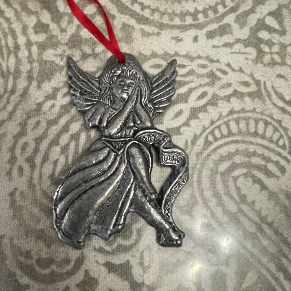 Vintage 1993 Carson Pewter Angel Christmas Ornament Silver Metal Winged Figure